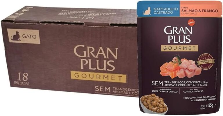 Ração Úmida Gatos Castrados Salmão e Frango Gran Plus 18 Sachês 85g